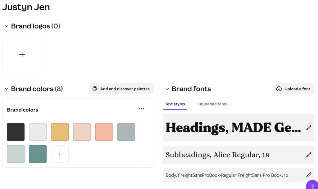 A screenshot from my 'Justyn Jen' Canva Pro Brand Kit with my colors and fonts for my brand. 