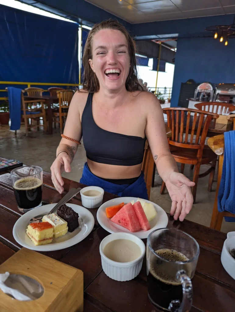 A photo of me (Justyn) eating afternoon snacks on the dive rig.