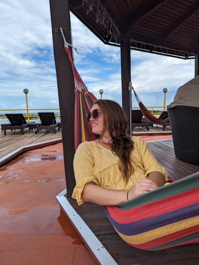 Sitting in the hammock on the Seaventures sun deck.