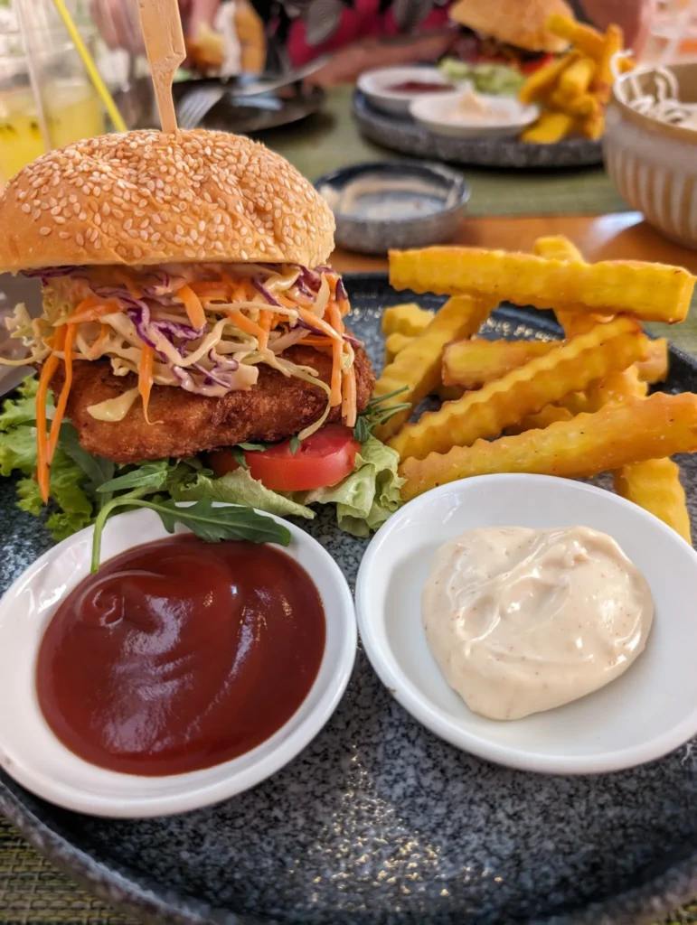 A burger and fries from Hey Bong! Vegan food in Siem Reap.