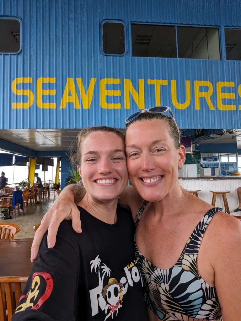 Justyn and her dive buddy Hope on the Seaventures Dive Rig. 