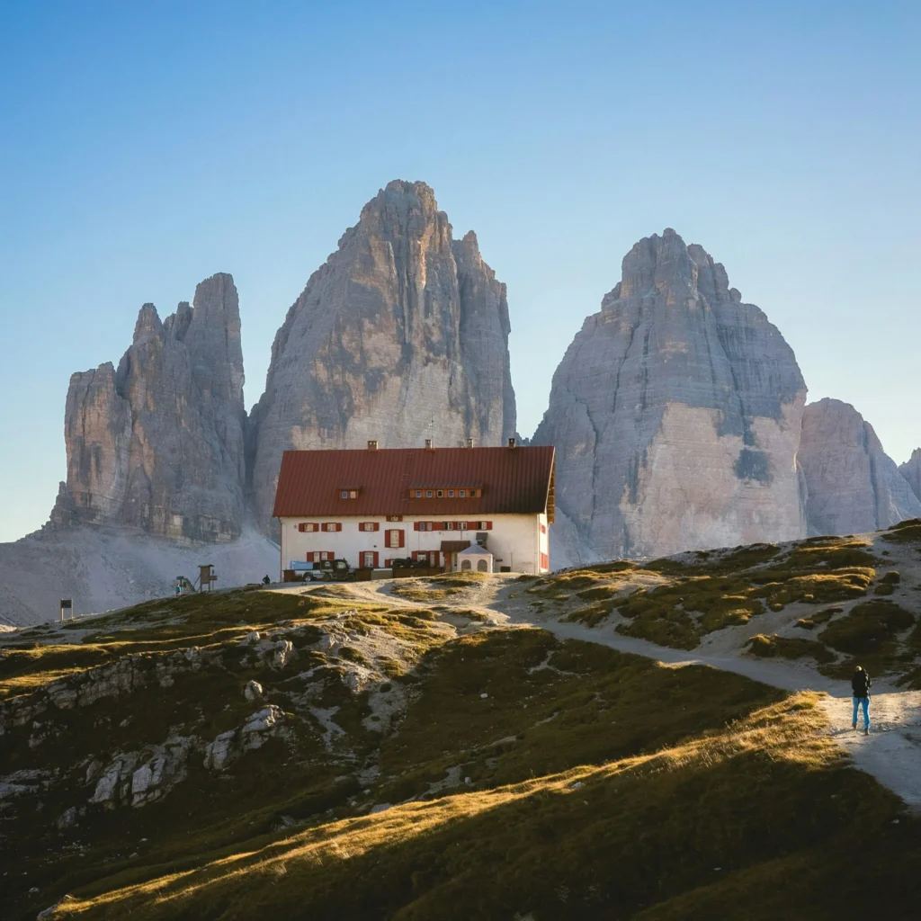 A mountain hut in front of the famous mountain peaks in the Dolomites.