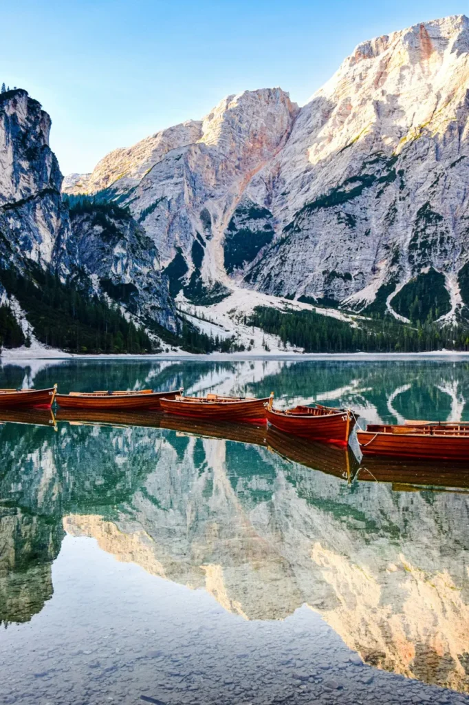 The famous canoes on the lakes in the Dolomites, Italy.