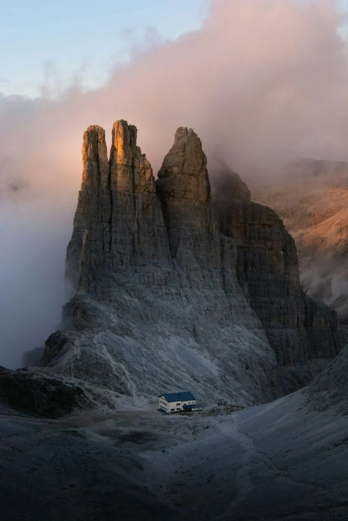 A mountain hut at the base of a peak in the Dolomites, Italy.