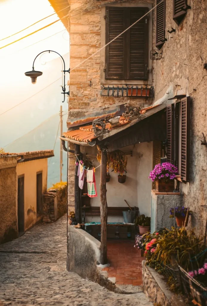 Cobblestone streets in the villages of Tuscany at sunset. 