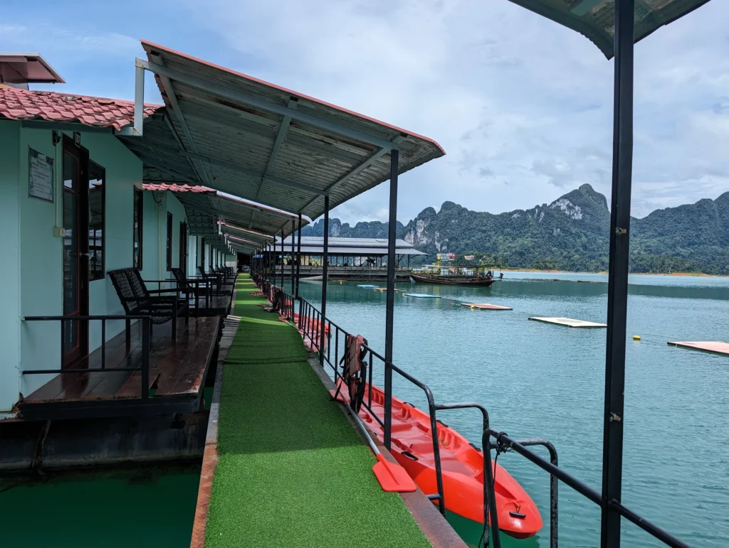 The view of our floating bungalows at Smiley Lake House in Khao Sok National Park