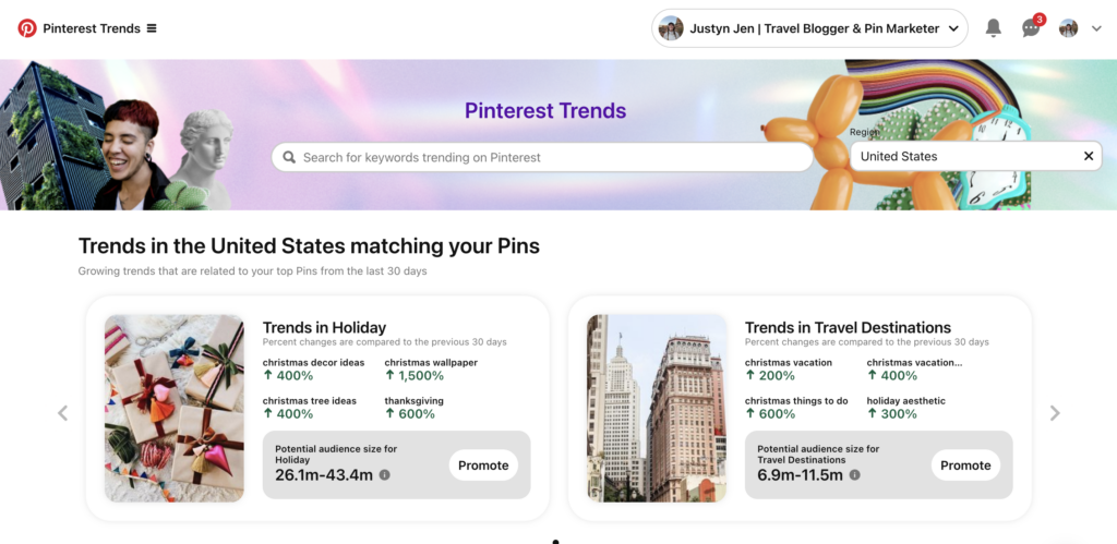 A screenshot of the Pinterest Trends Tool. 